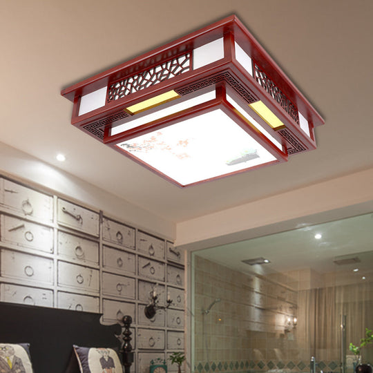 Traditional Dark Red Wood LED Square Flush Mount Ceiling Light