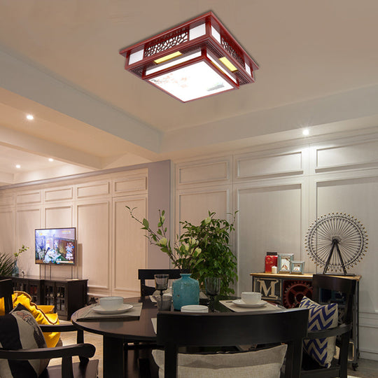 Traditional Dark Red Wood LED Square Flush Mount Ceiling Light