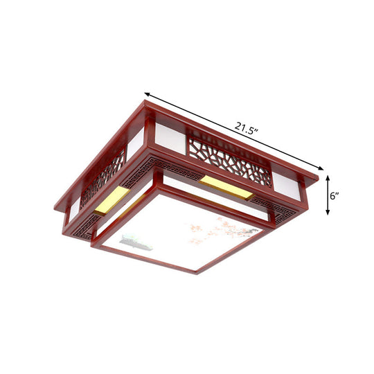 Traditional Dark Red Wood LED Square Flush Mount Ceiling Light