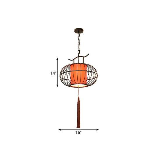 Traditional White/Red Lantern Drop Pendant Ceiling Light For Tea Room - 1 Fabric 16/19.5/23.5 Wide