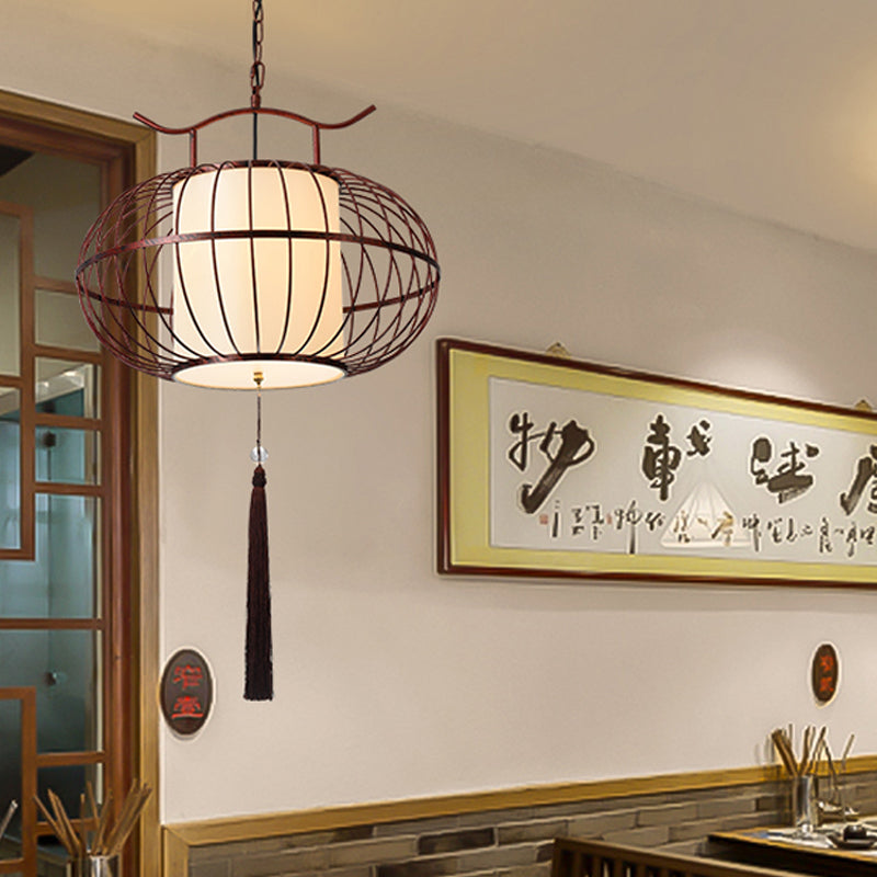 Traditional White/Red Lantern Drop Pendant Ceiling Light For Tea Room - 1 Fabric 16/19.5/23.5 Wide