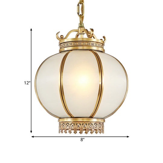 Frosted Glass Lantern Hanging Light - Traditional Brass Pendant For Bedroom
