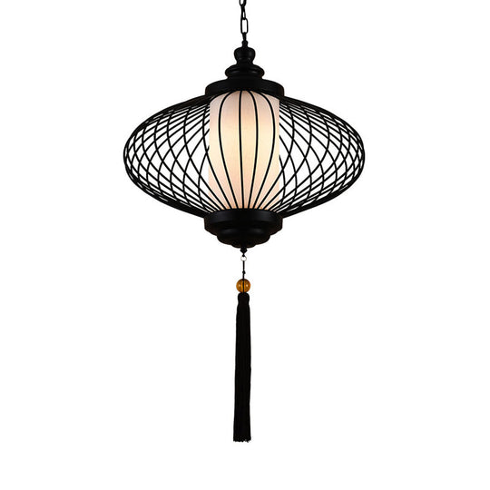 Traditional Black Fabric Lantern Pendulum Ceiling Lamp 12/14/16 Wide