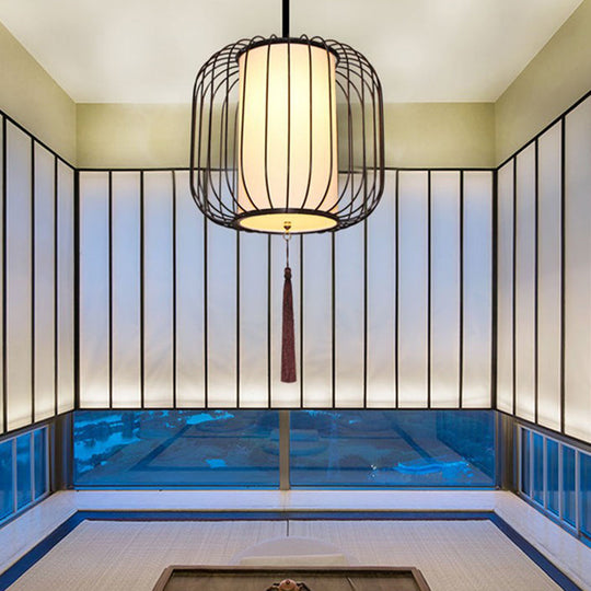 12/14 Wide Fabric Lantern Pendant Lamp In White - Classic Living Room Hanging Light Kit / 12