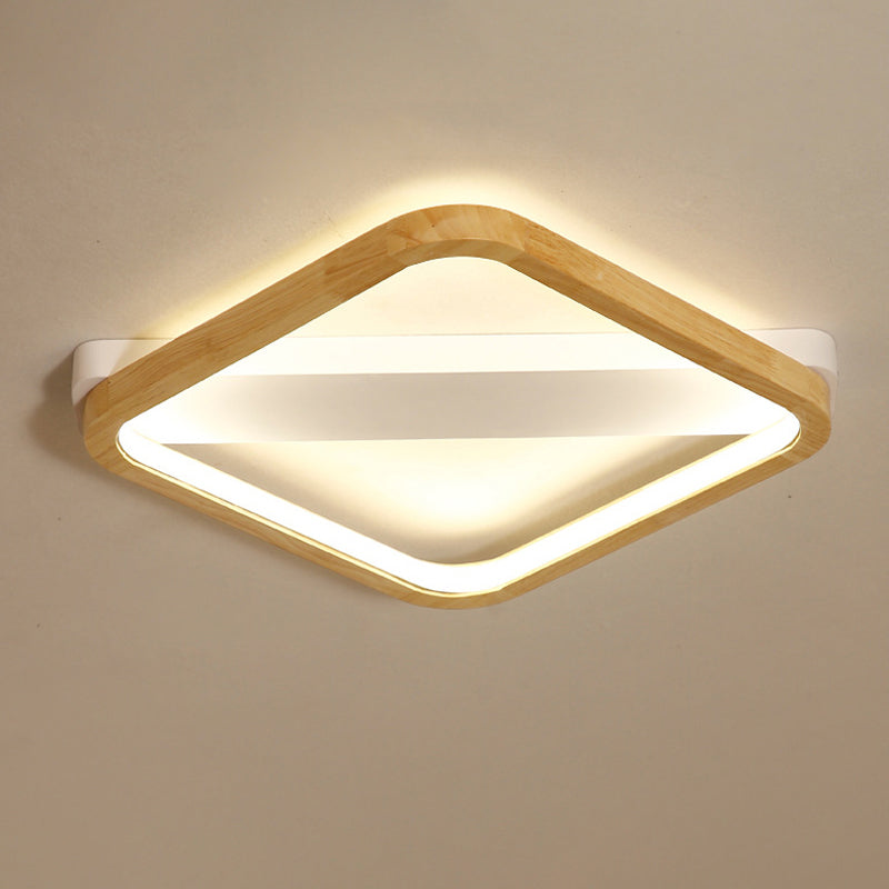 Simple Style Beige LED Ceiling Lamp for Bedroom - Wood Square Flush Light Fixture, 13"/17"/21" Wide