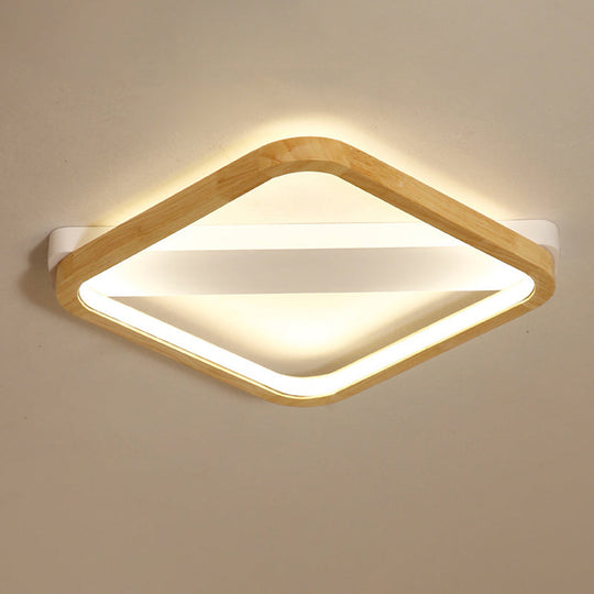 Simple Style Beige LED Ceiling Lamp for Bedroom - Wood Square Flush Light Fixture, 13"/17"/21" Wide