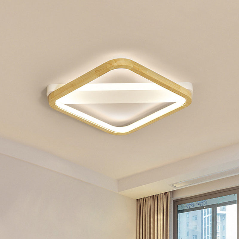 Simple Style Beige Led Ceiling Lamp For Bedroom - Wood Square Flush Light Fixture 13/17/21 Wide