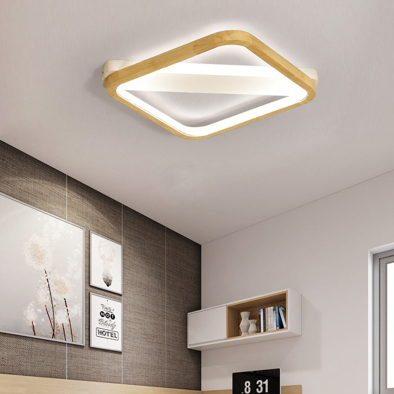 Simple Style Beige LED Ceiling Lamp for Bedroom - Wood Square Flush Light Fixture, 13"/17"/21" Wide