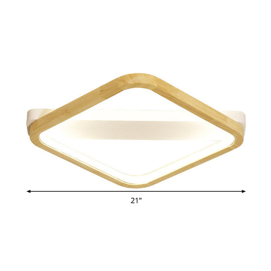Simple Style Beige Led Ceiling Lamp For Bedroom - Wood Square Flush Light Fixture 13/17/21 Wide