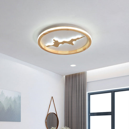 Minimalist Wood Circle Ceiling Light, Dark Brown/Light Brown LED Flush Fixture - 17"/21"/25" Wide