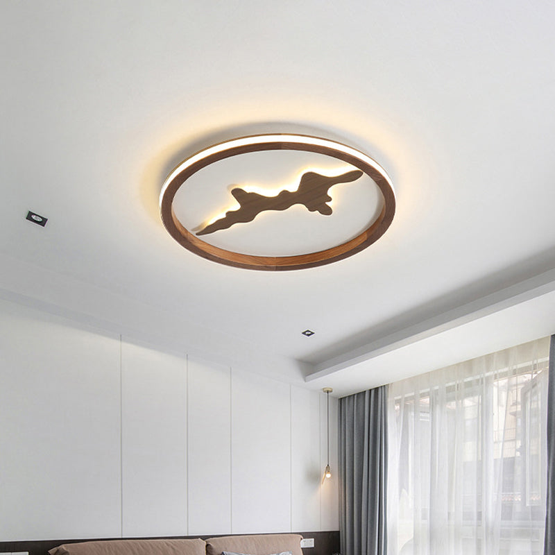 Minimalist Wood Circle Ceiling Light, Dark Brown/Light Brown LED Flush Fixture - 17"/21"/25" Wide