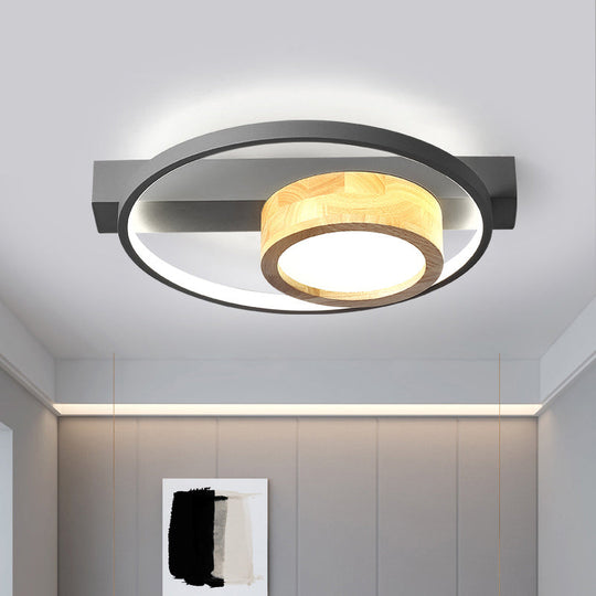 Minimalist Gray/White LED Flush Mount Ceiling Light for Living Room - Wood Finish