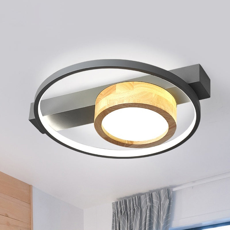 Minimalist Gray/White LED Flush Mount Ceiling Light for Living Room - Wood Finish