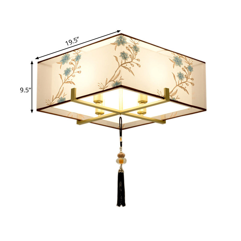Classic Square Fabric Flush Light: 4-Light Ceiling Mount for Bedroom (White)