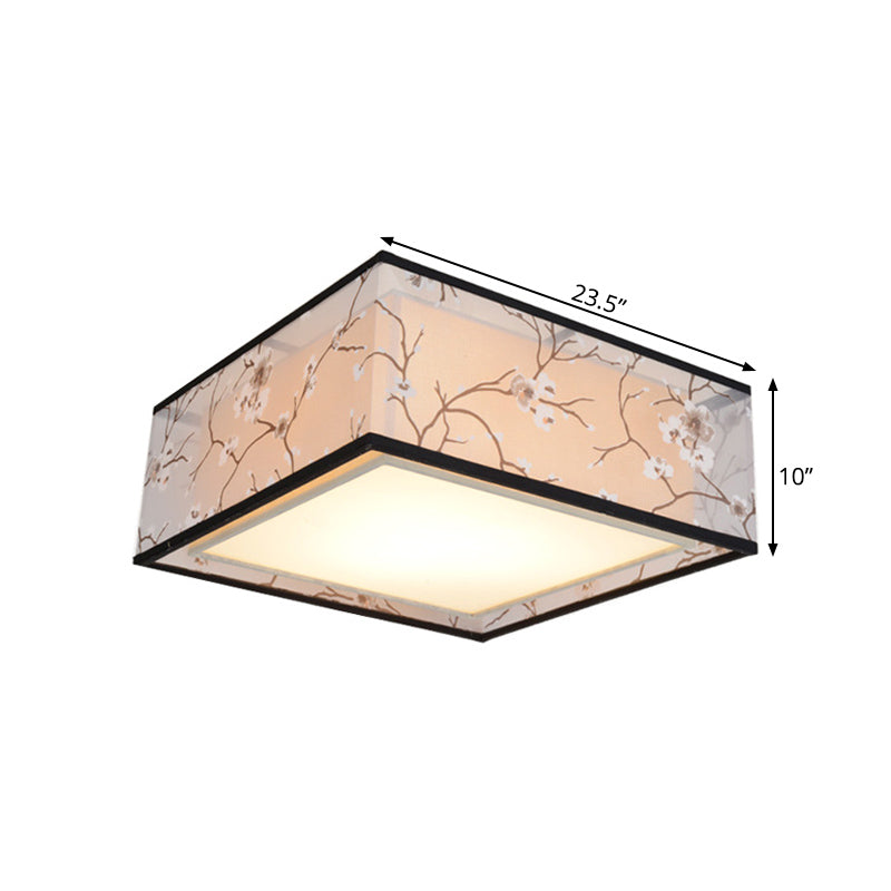 Traditional Style Fabric Square Flush Light - 4/5 Lights Ceiling Flush Mount in White - Various Sizes