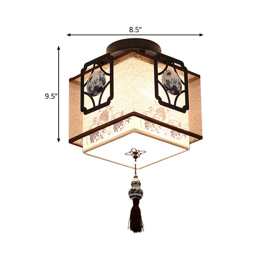 Traditional Black Flush Mount Ceiling Light with Square Fabric Shade