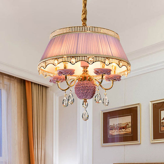 Modern Scalloped Chandelier: 5 Heads Pink/Blue/Purple Fabric Hanging Ceiling Light with Crystal Drops