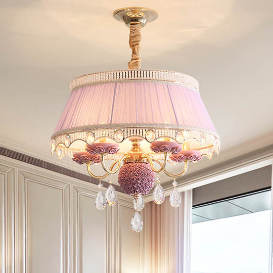Modern Scalloped Chandelier: 5 Heads Pink/Blue/Purple Fabric Hanging Ceiling Light with Crystal Drops