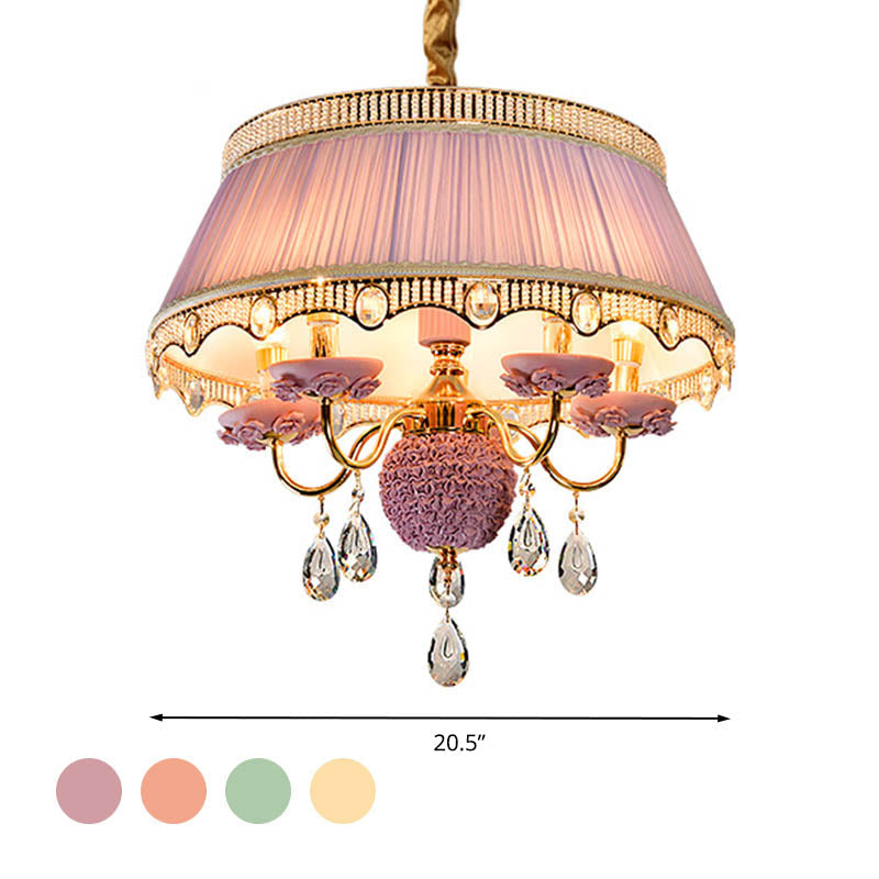 Modern Scalloped Chandelier: 5 Heads Pink/Blue/Purple Fabric Hanging Ceiling Light with Crystal Drops