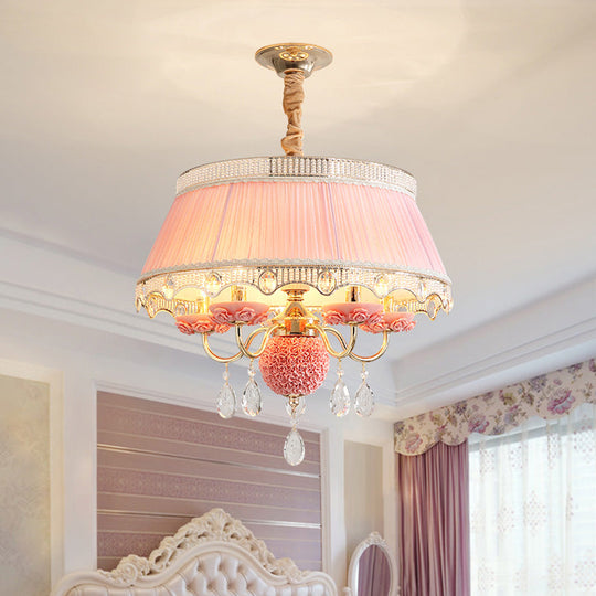 Modern Scalloped Chandelier: 5 Heads Pink/Blue/Purple Fabric Hanging Ceiling Light with Crystal Drops