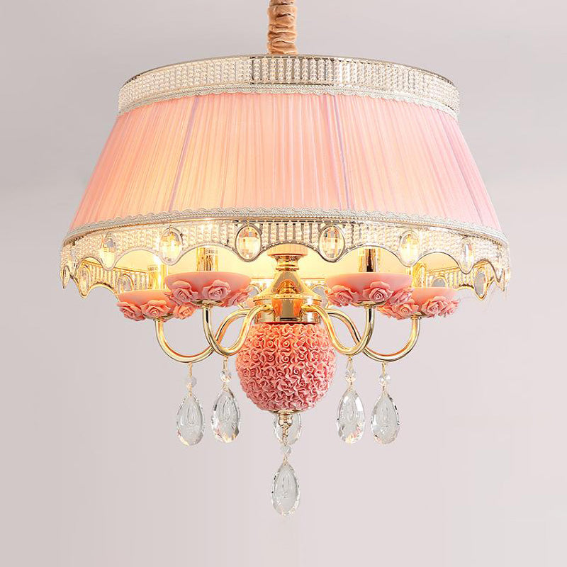 Modern Scalloped Chandelier: 5 Heads Pink/Blue/Purple Fabric Hanging Ceiling Light with Crystal Drops