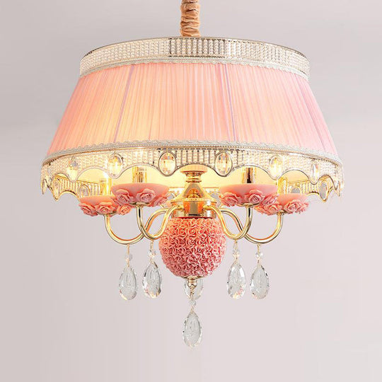 Modern Scalloped Chandelier: 5 Heads Pink/Blue/Purple Fabric Hanging Ceiling Light with Crystal Drops