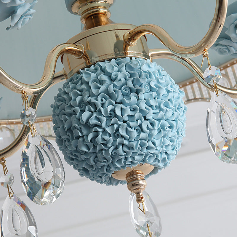 Modern Scalloped Chandelier: 5 Heads Pink/Blue/Purple Fabric Hanging Ceiling Light with Crystal Drops