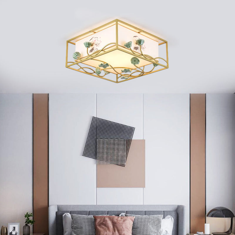 Traditional Square Fabric Flush Mount Lighting - 19.5"/23.5" Wide, 5 Lights - Bedroom Ceiling Fixture in White