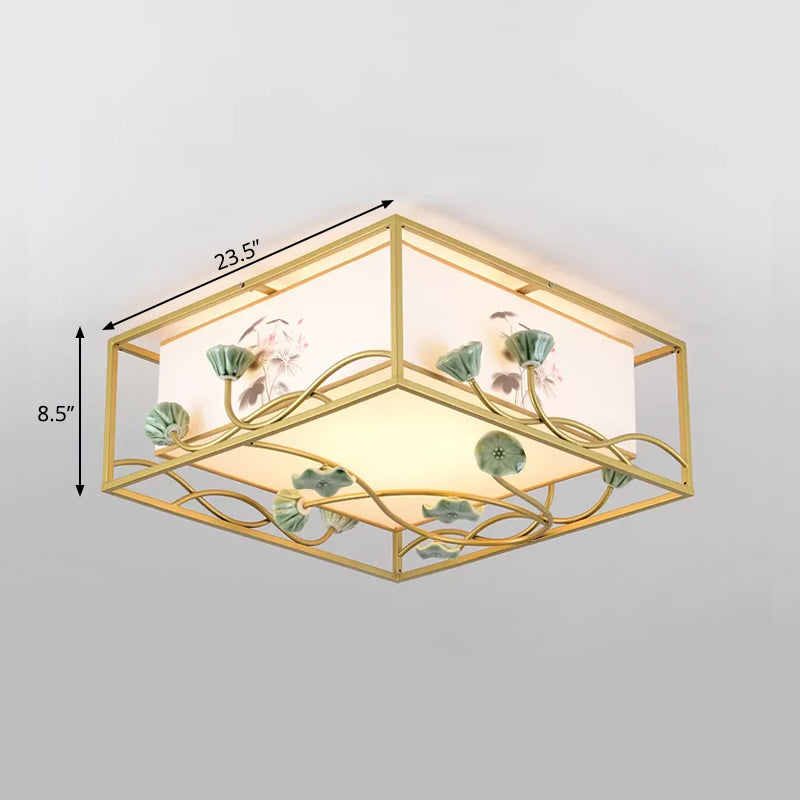 Traditional Square Fabric Flush Mount Lighting - 19.5"/23.5" Wide, 5 Lights - Bedroom Ceiling Fixture in White