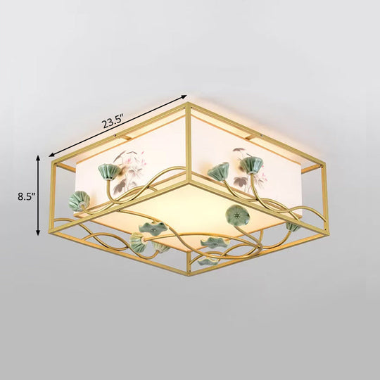 Traditional Square Fabric Flush Mount Lighting - 19.5"/23.5" Wide, 5 Lights - Bedroom Ceiling Fixture in White