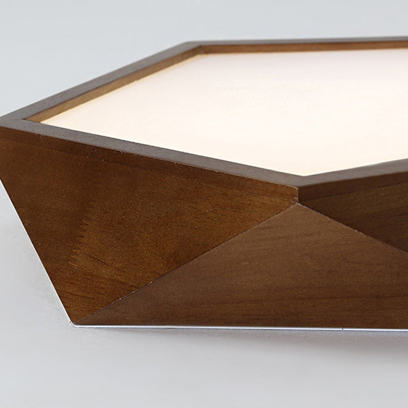 Minimalist Brown Wooden Flush Mount LED Ceiling Lamp - Faceted Pentagon Design (13"/16"/19.5" Wide)