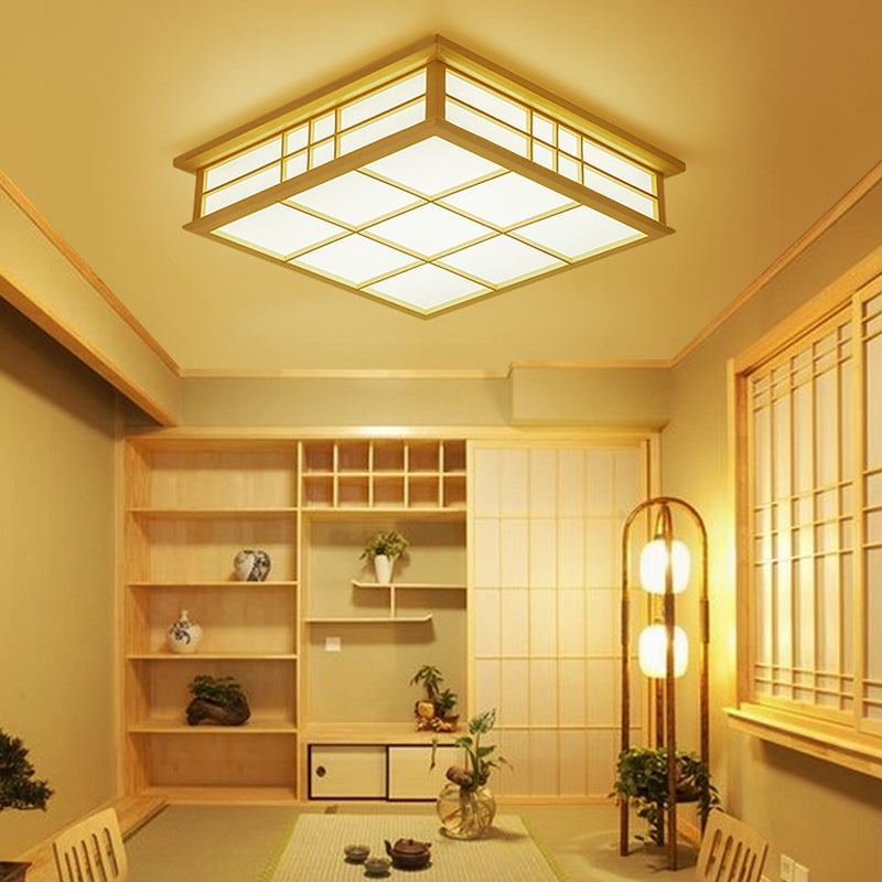 Japanese Style Led Wood Square Grille Ceiling Light In Warm/White - Beige Color