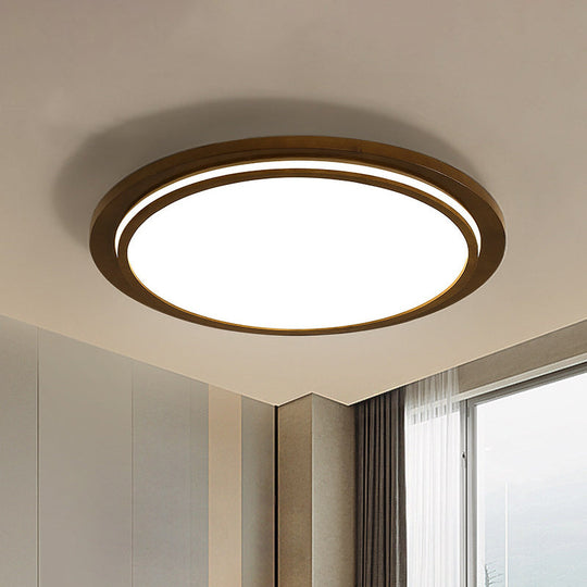 Modern Brown Wood Flush Mount Ceiling Light - 15"/18"/23" Dia LED Fixture with Natural Light