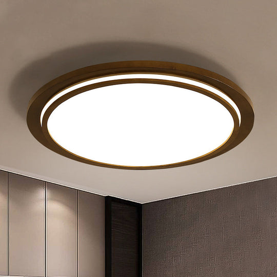 Modern Brown Wood Flush Mount Ceiling Light - 15"/18"/23" Dia LED Fixture with Natural Light