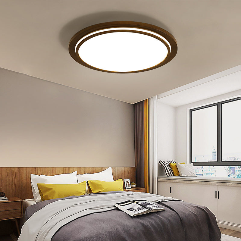Modern Brown Wood Flush Mount Ceiling Light - 15"/18"/23" Dia LED Fixture with Natural Light
