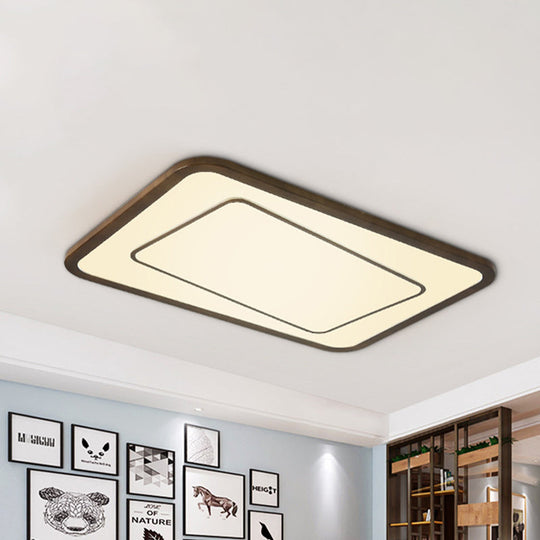 Modern LED Ceiling Lamp in Natural Wood Finish - Dual Rectangle Flush Light for Living Room in Brown