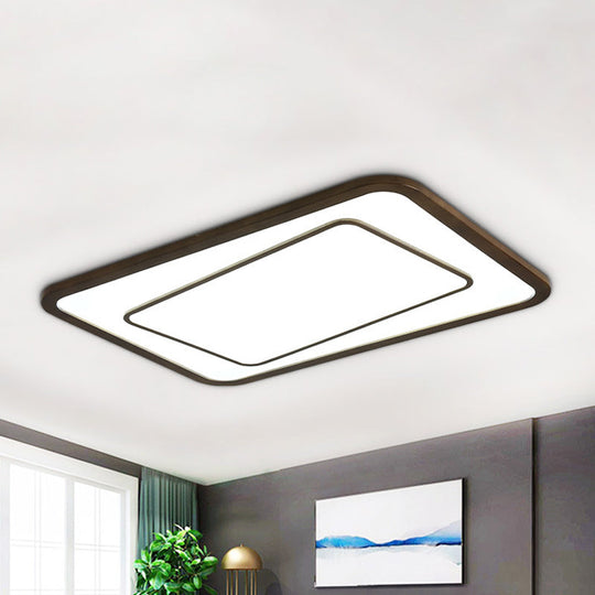 Modern LED Ceiling Lamp in Natural Wood Finish - Dual Rectangle Flush Light for Living Room in Brown