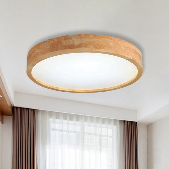 Minimalist Round Wood Ceiling Lamp Kit - 12"/16"/19.5" Dia LED Beige Flush Mount Light in Warm/White Light