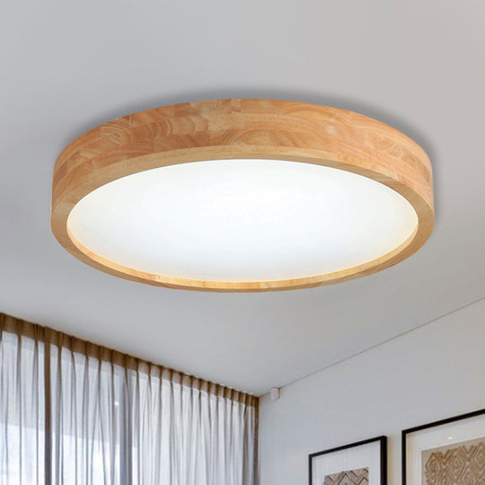 Minimalist Round Wood Ceiling Lamp Kit - 12"/16"/19.5" Dia LED Beige Flush Mount Light in Warm/White Light