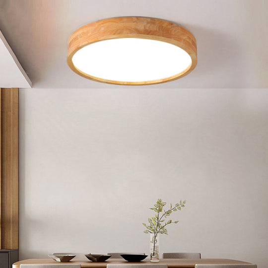 Minimalist Round Wood Ceiling Lamp Kit - 12"/16"/19.5" Dia LED Beige Flush Mount Light in Warm/White Light
