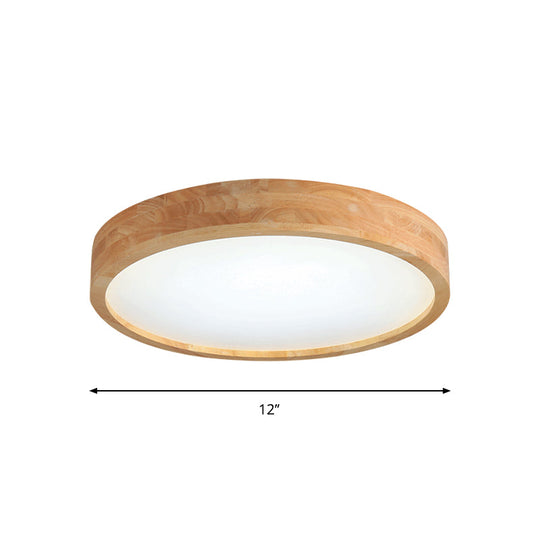 Minimalist Round Wood Ceiling Lamp Kit - 12"/16"/19.5" Dia LED Beige Flush Mount Light in Warm/White Light