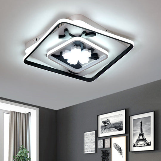 Modern Acrylic Black Square Flush Mount Lamp - LED Ceiling Light (19.5"/23.5" Wide) with Flower Decoration