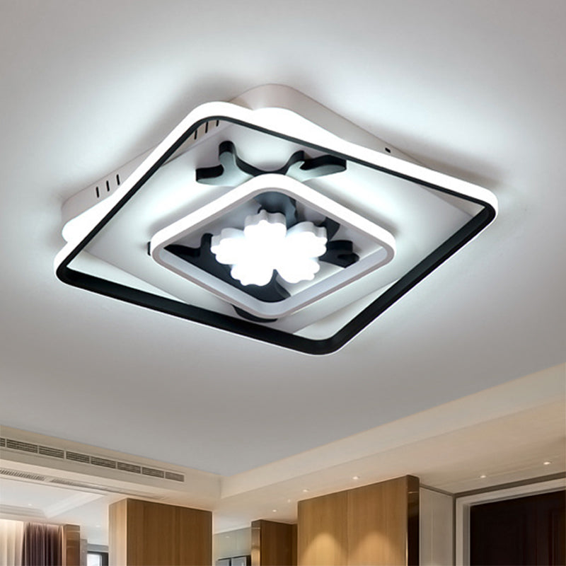 Modern Acrylic Black Square Flush Mount Lamp - LED Ceiling Light (19.5"/23.5" Wide) with Flower Decoration
