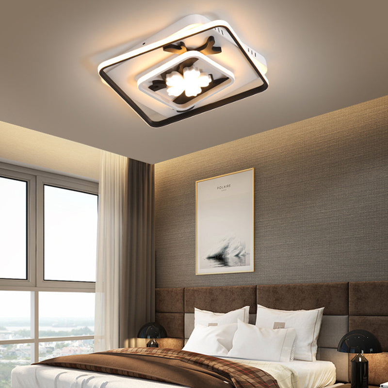 Modern Acrylic Black Square Flush Mount Lamp - LED Ceiling Light (19.5"/23.5" Wide) with Flower Decoration