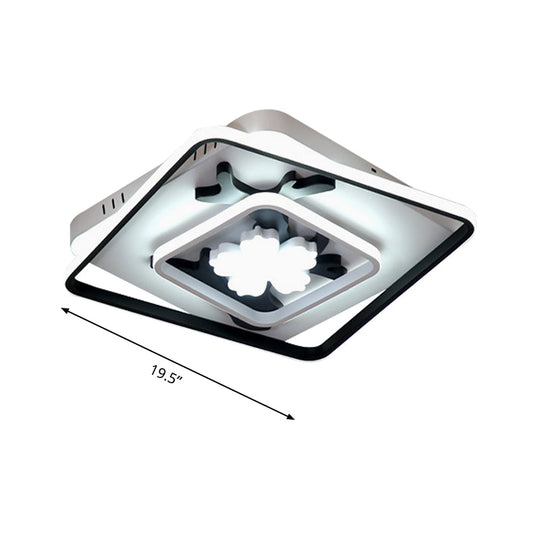 Modern Acrylic Black Square Flush Mount Lamp - LED Ceiling Light (19.5"/23.5" Wide) with Flower Decoration