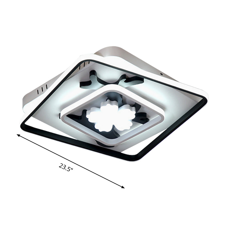 Modern Acrylic Black Square Flush Mount Lamp - LED Ceiling Light (19.5"/23.5" Wide) with Flower Decoration