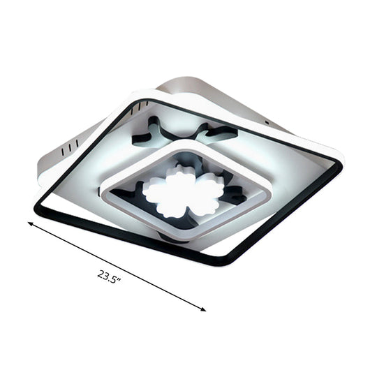 Modern Acrylic Black Square Flush Mount Lamp - LED Ceiling Light (19.5"/23.5" Wide) with Flower Decoration