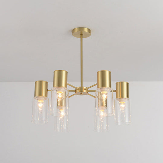 Postmodern Clear Glass Cylinder Chandelier Kit With 6/8/10 Brass Hanging Lamps