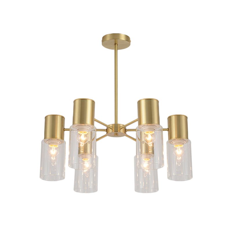 Postmodern Clear Glass Cylinder Chandelier Kit With 6/8/10 Brass Hanging Lamps