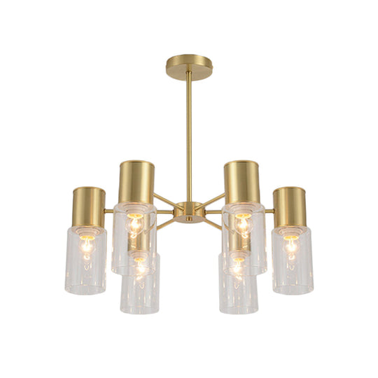 Postmodern Clear Glass Cylinder Chandelier Kit With 6/8/10 Brass Hanging Lamps